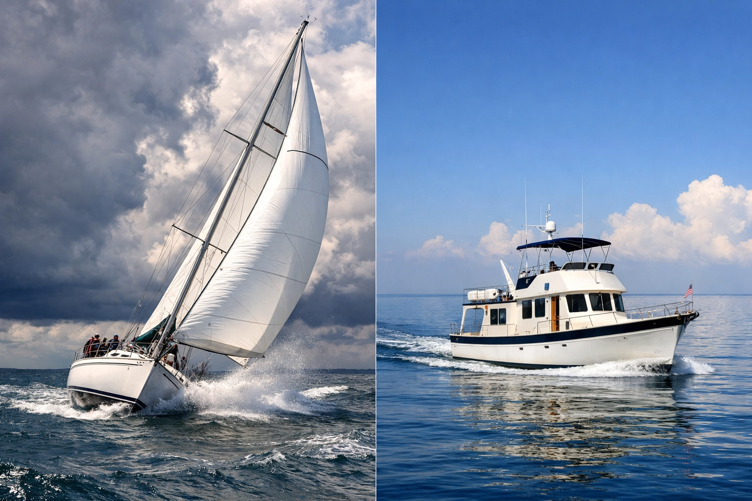 Sailboat heeling under sail versus stable trawler motoring in Texas Gulf waters