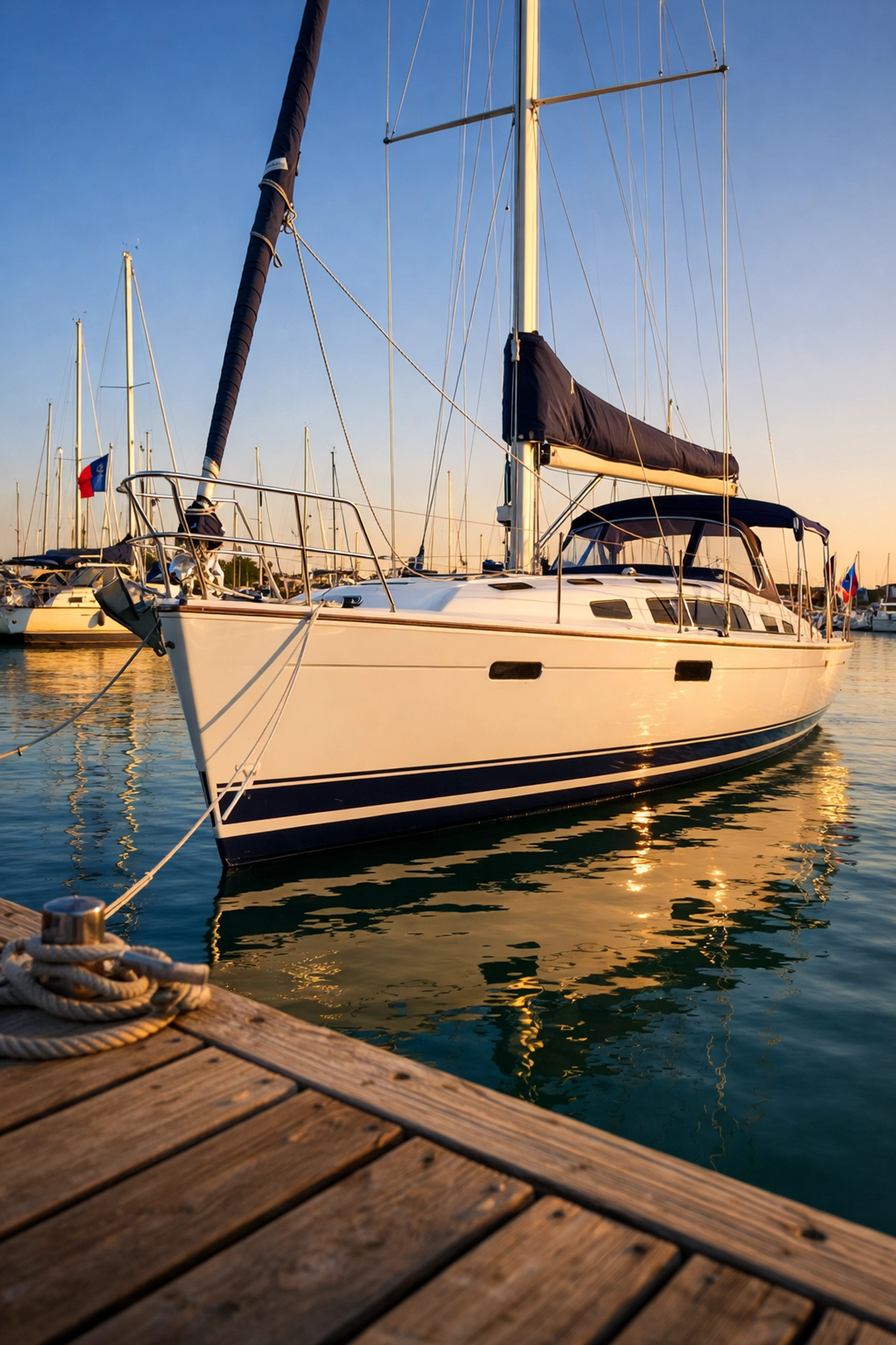 Cruising sailboats for sale moored at a Texas marina during spring season