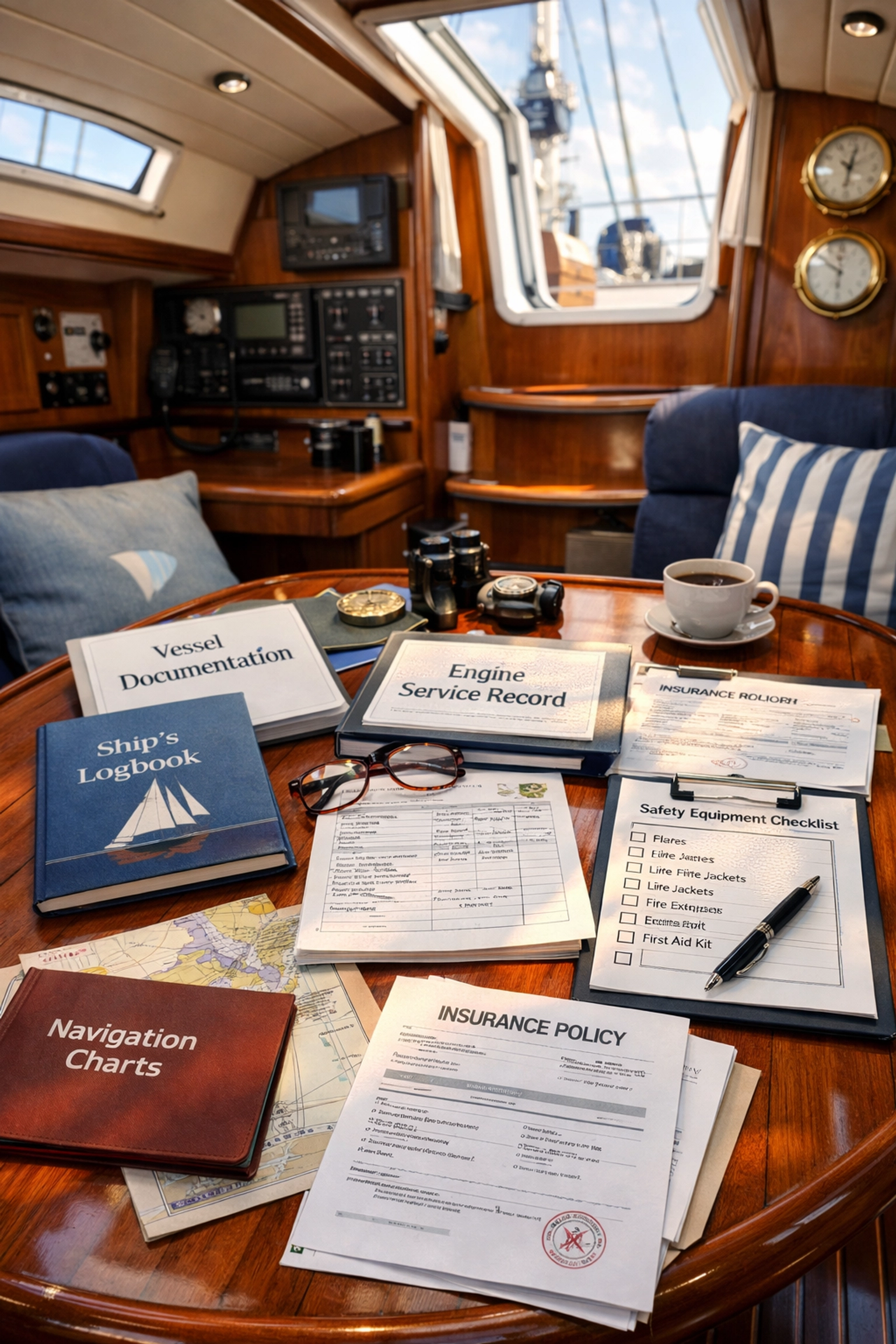Organized boat maintenance records and logbooks on sailboat cabin table