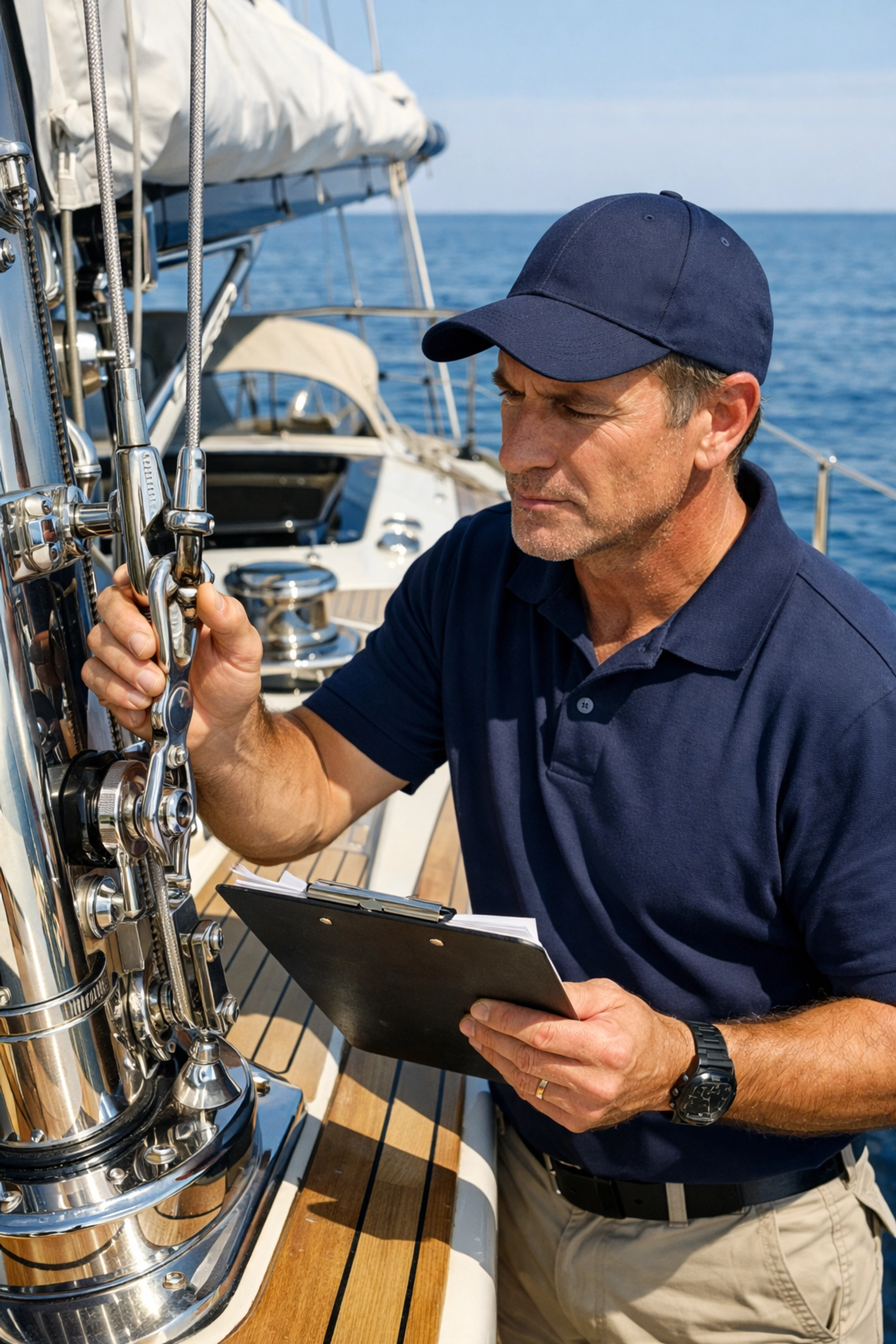 Professional marine surveyor inspecting yacht deck during sea trial