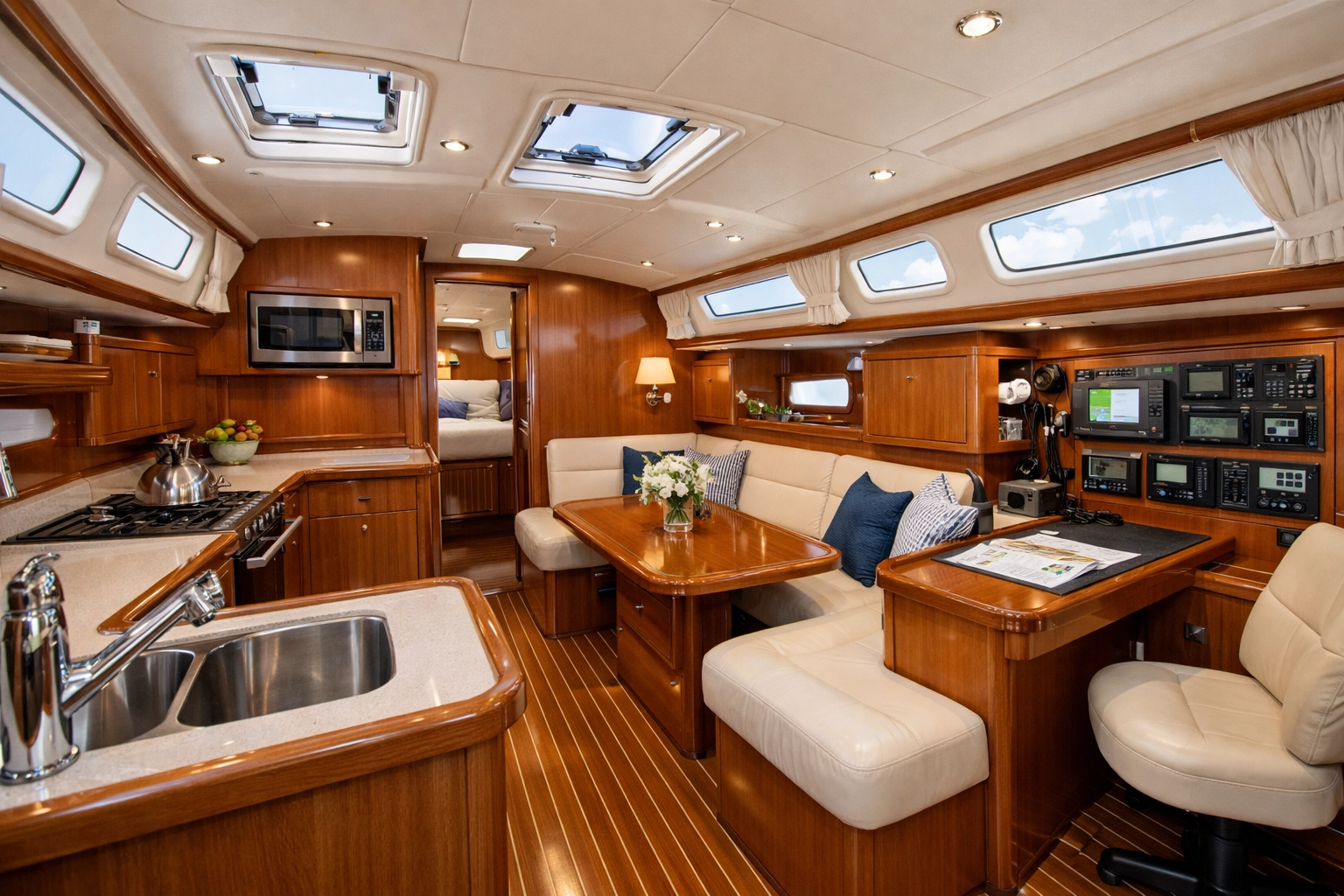 Well-maintained yacht interior showing quality galley and salon in pristine condition