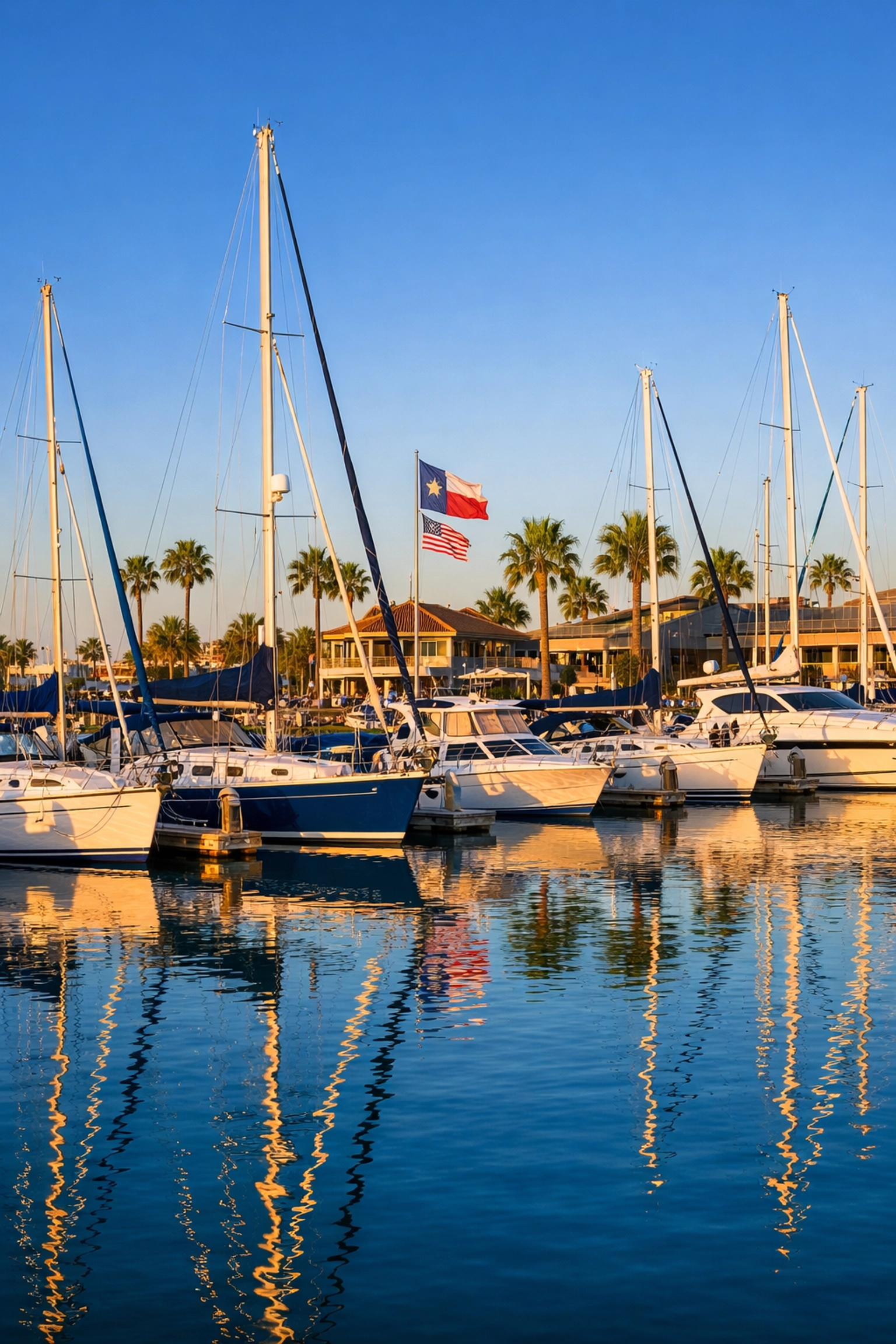 Sailboats and yachts for sale docked at a Kemah Texas marina