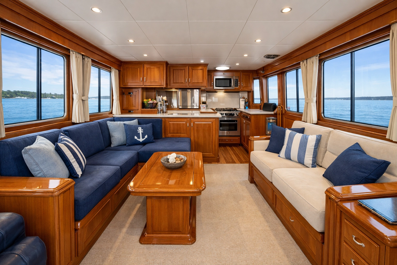 Spacious trawler yacht interior salon with comfortable seating and galley