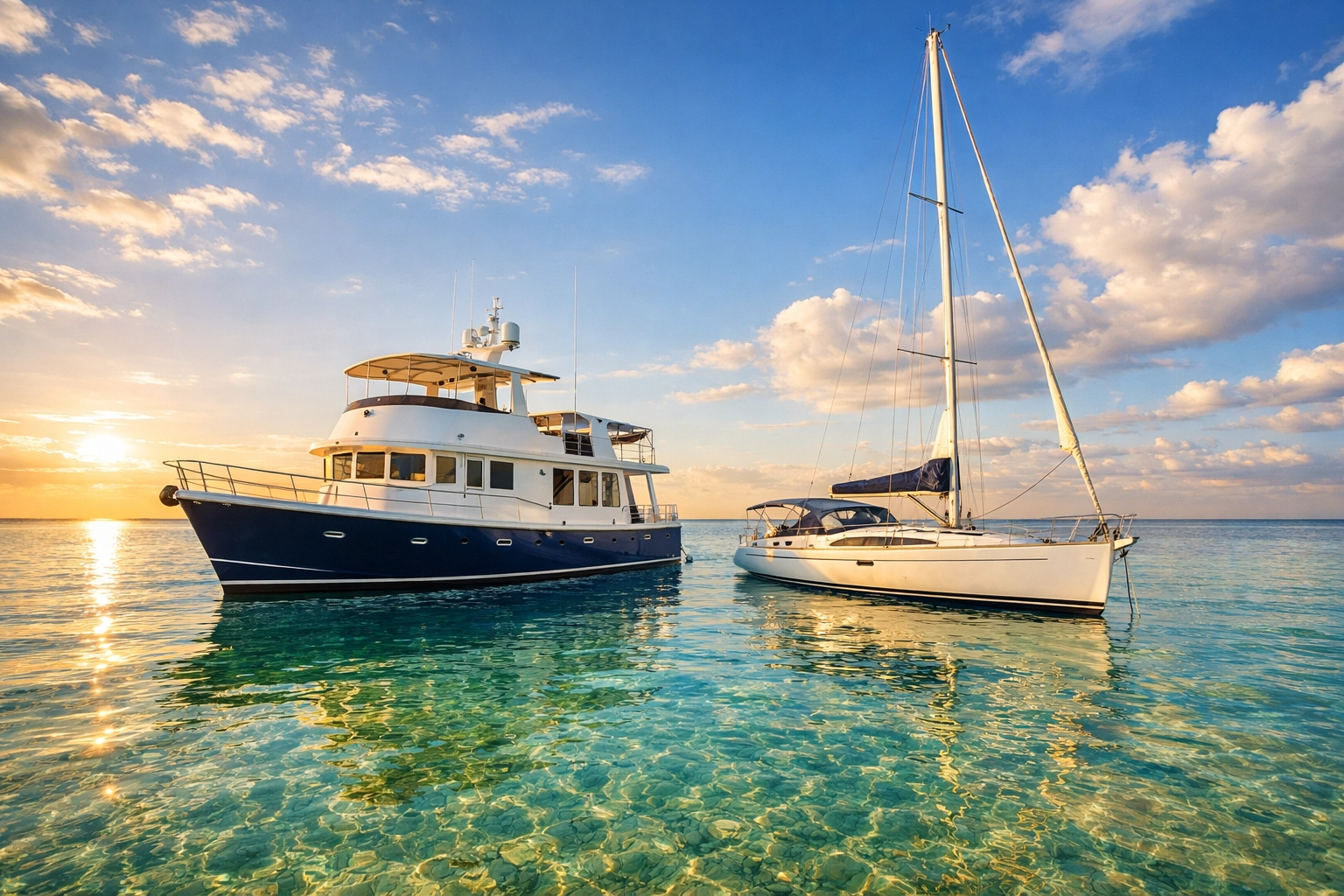 Trawler yacht and sailboat anchored in shallow Galveston Bay Texas coastal waters