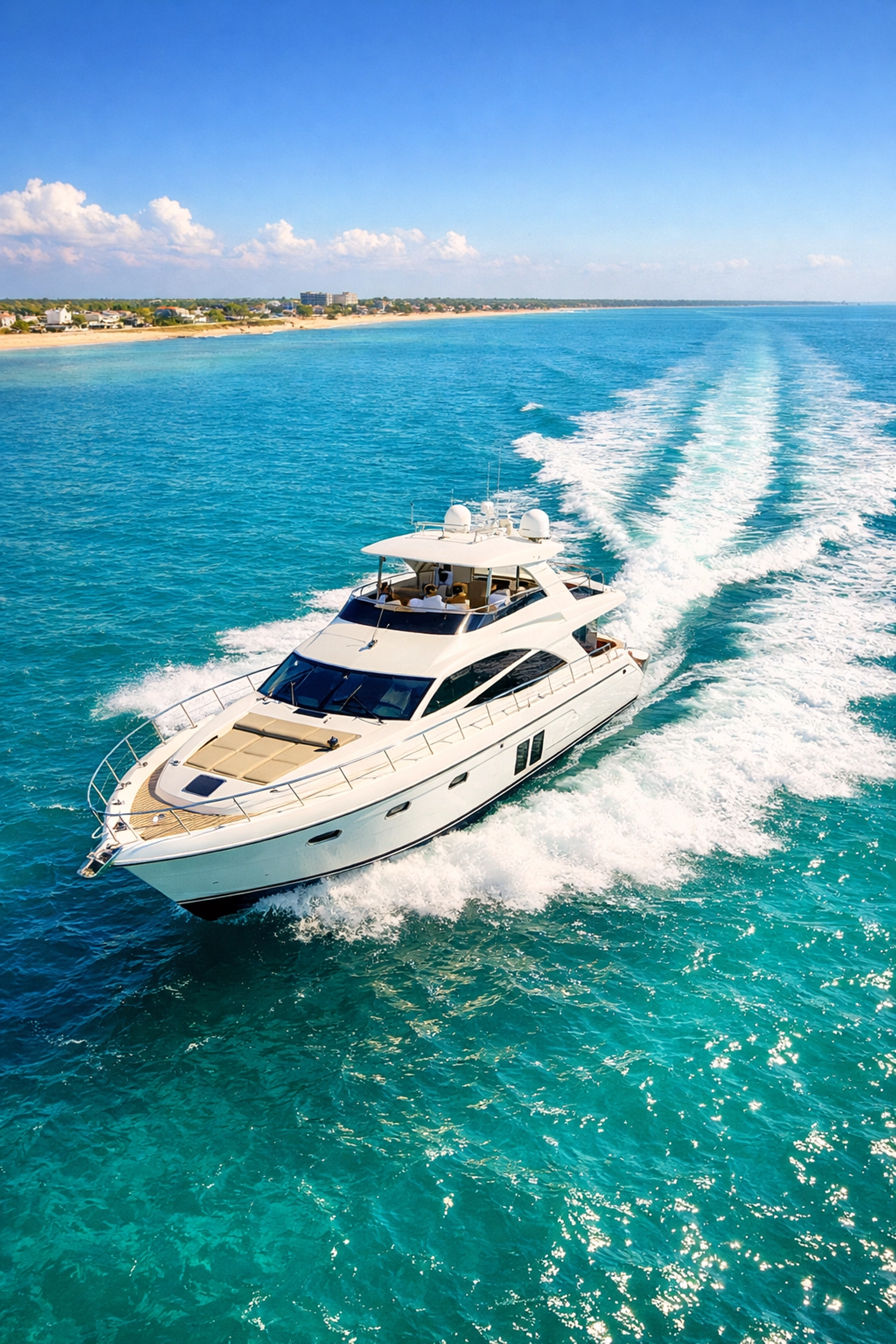 Yacht cruising through turquoise Texas coastal waters on a sunny day