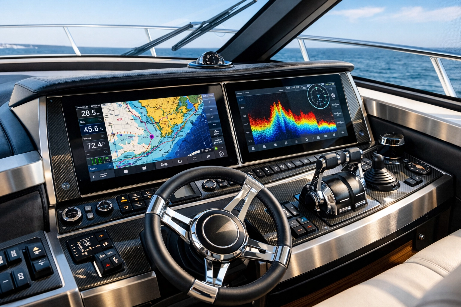 Modern helm station on a 2025 model yacht, a high-value yacht for sale Houston TX.