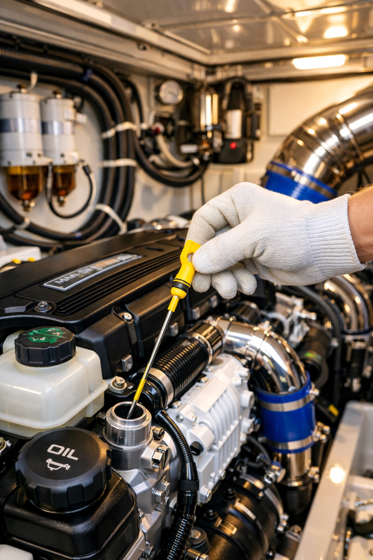 Routine marine engine inspection for yachts for sale Texas, part of a complete spring commissioning checklist.