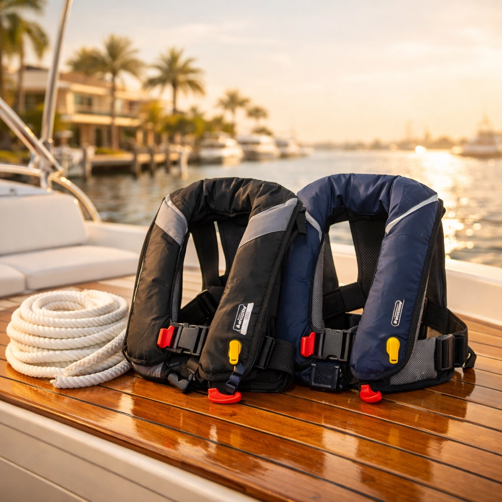 Safety gear and life jackets on a clean teak deck, ready for your next adventure with boats for sale in Kemah TX.