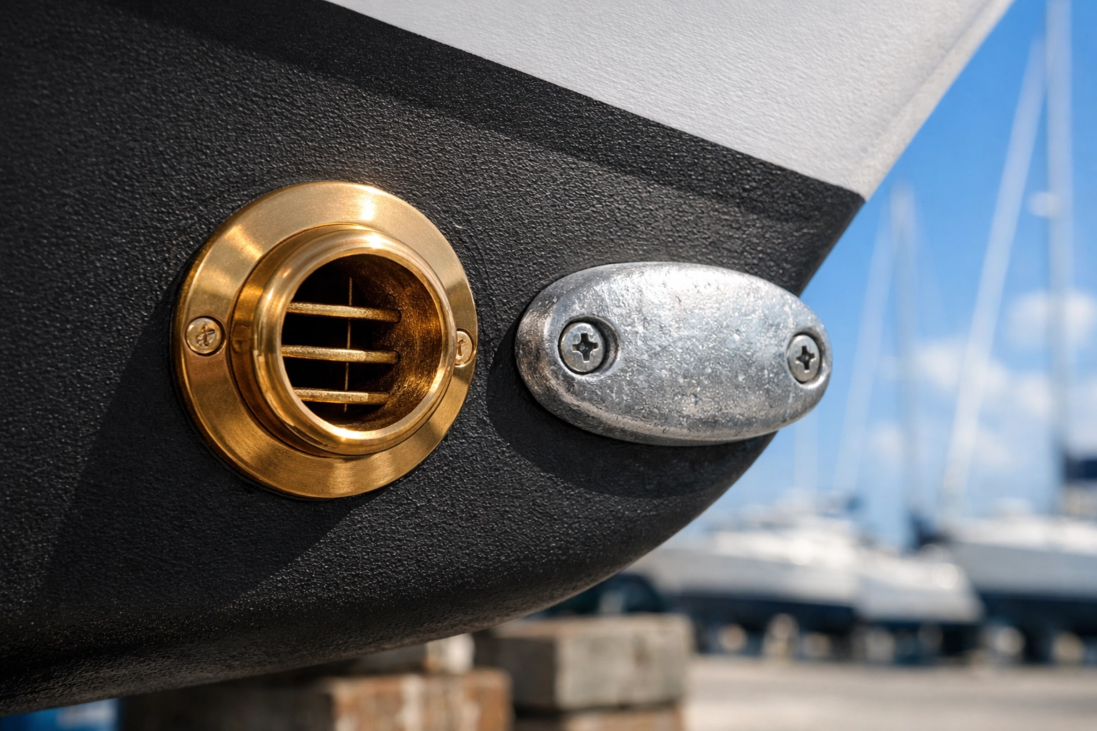 New sacrificial zinc anode on a boat hull, essential spring maintenance for yachts for sale in Houston Texas.