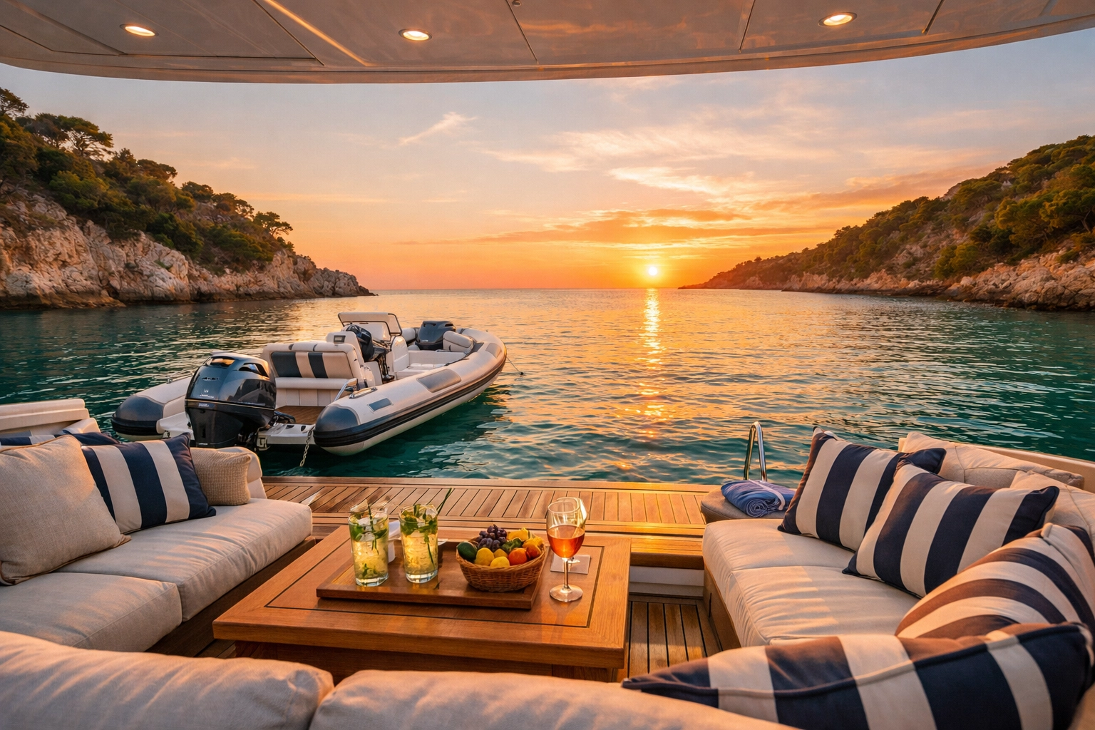 Luxury boat aft deck lounge at sunset, showcasing high-end yachts for sale Texas.