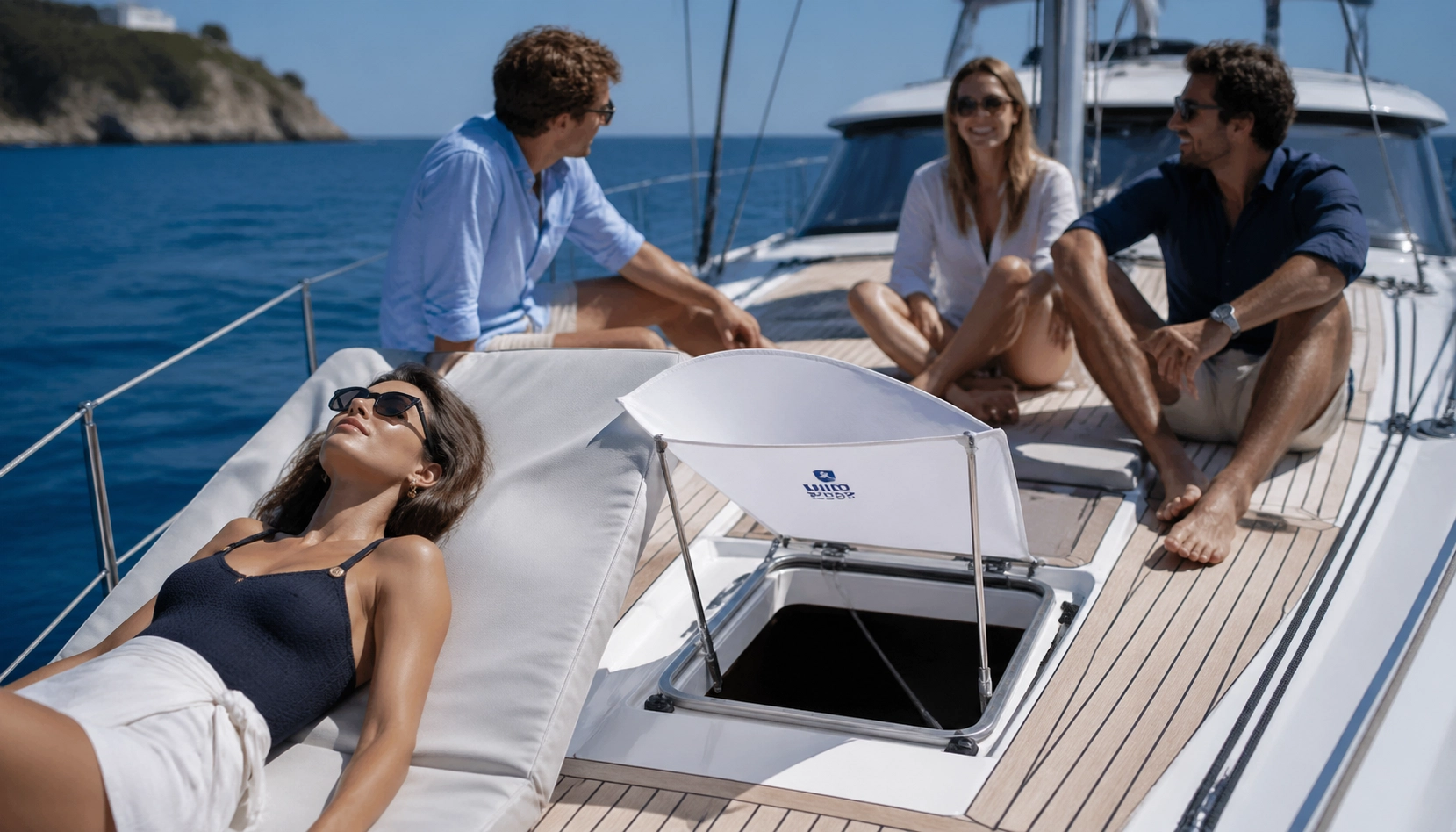 Friends relaxing on a yacht deck near a wind scoop used to increase natural cabin airflow.