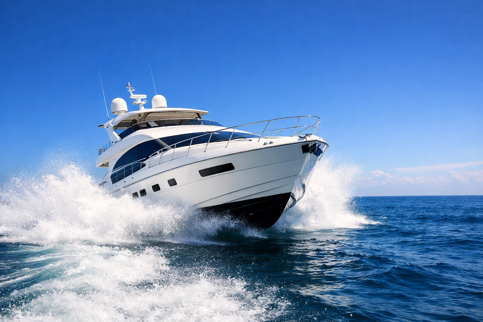 A luxury yacht for sale in Texas undergoing a sea trial on the waters of Galveston Bay.