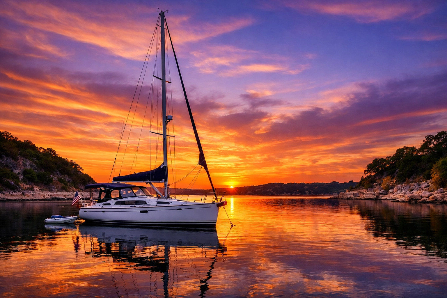 A serene cruising sailboat for sale anchored in a peaceful Texas cove during sunset.