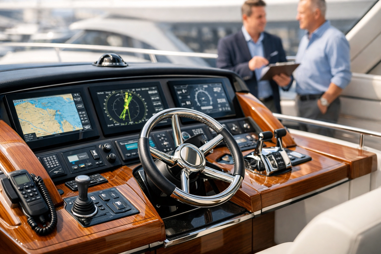 Close-up of a yacht helm station and high-end controls for a yacht for sale in Houston, TX.
