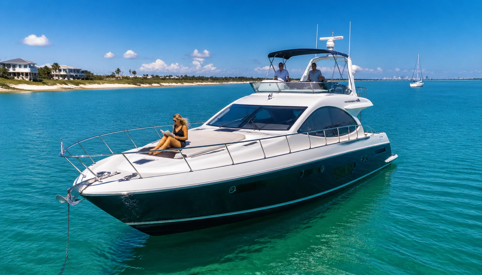 Motor yacht at anchor in a Texas bay positioned to capture the prevailing summer sea breeze.