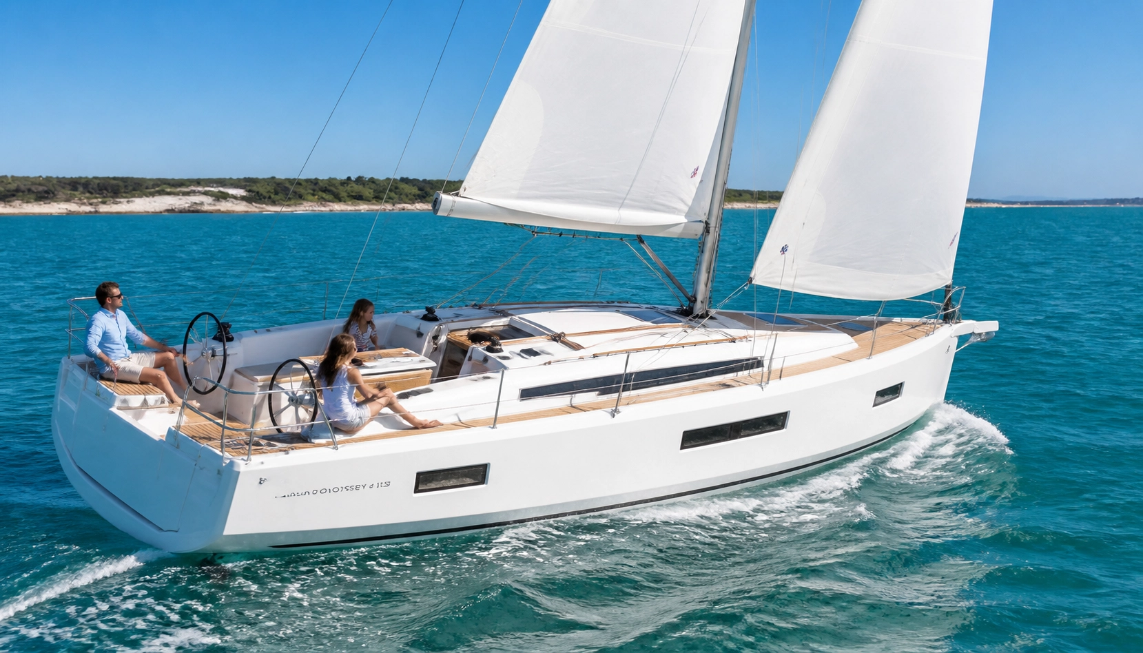 2026 Jeanneau Sun Odyssey 415 in a professional sailing image highlighting its clean modern profile, stress-free sailing layout, and signature walk-around cockpit and side deck design.