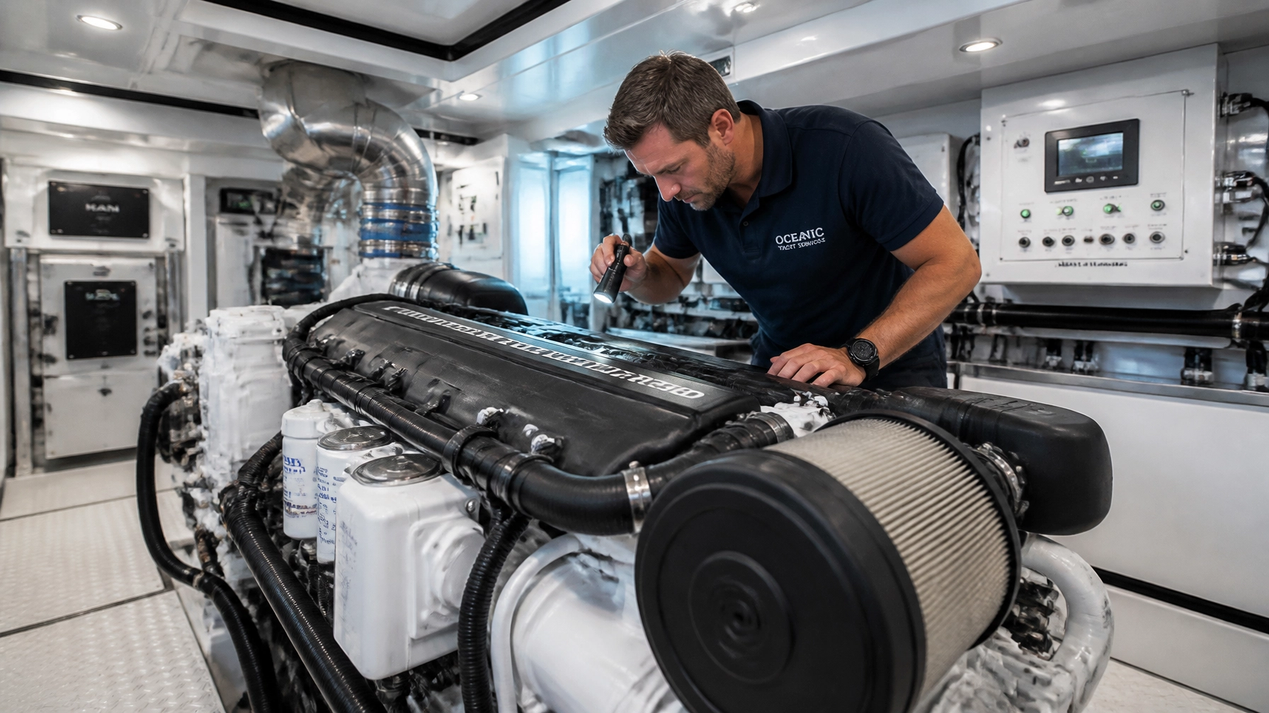 Detailed inspection of a modern yacht engine room