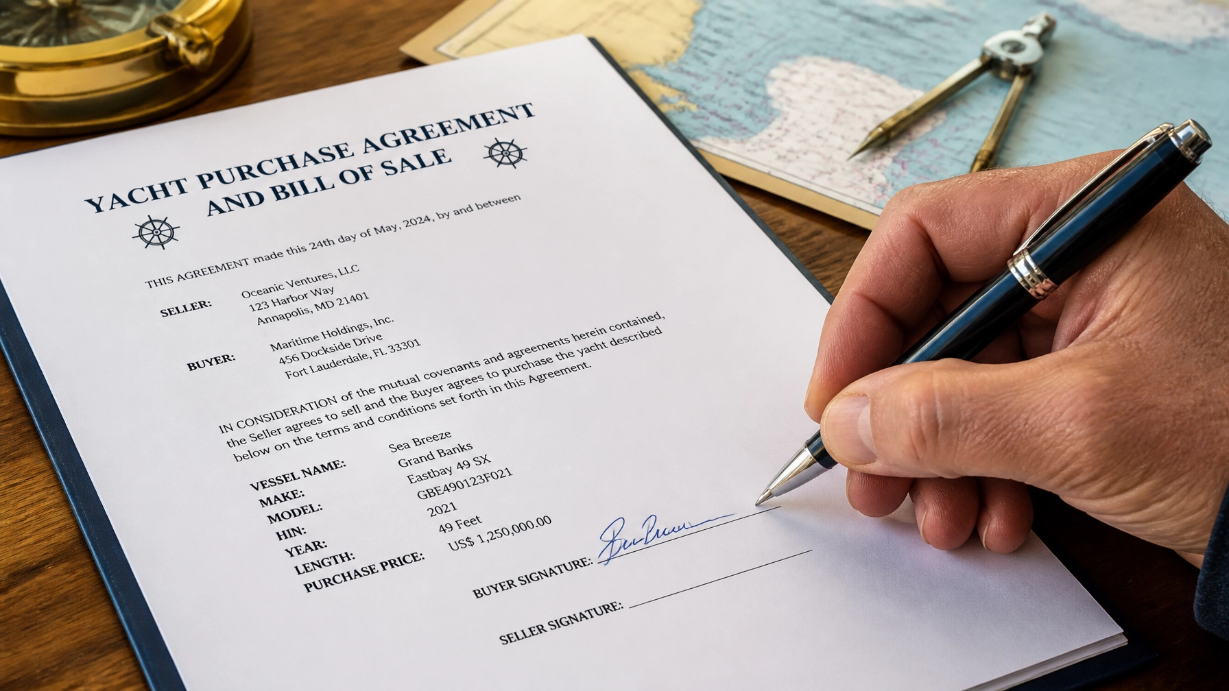 Closing paperwork and yacht purchase agreement for a yacht for sale Houston