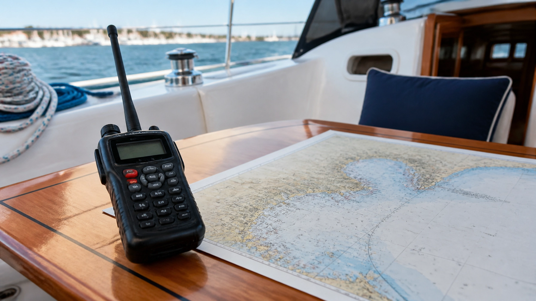 A handheld VHF radio resting on a cockpit table next to a chart of the Texas coast.