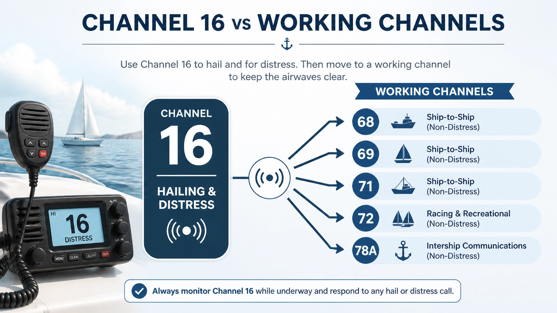 A professional graphic illustrating Channel 16 vs. working channels on a marine VHF radio.