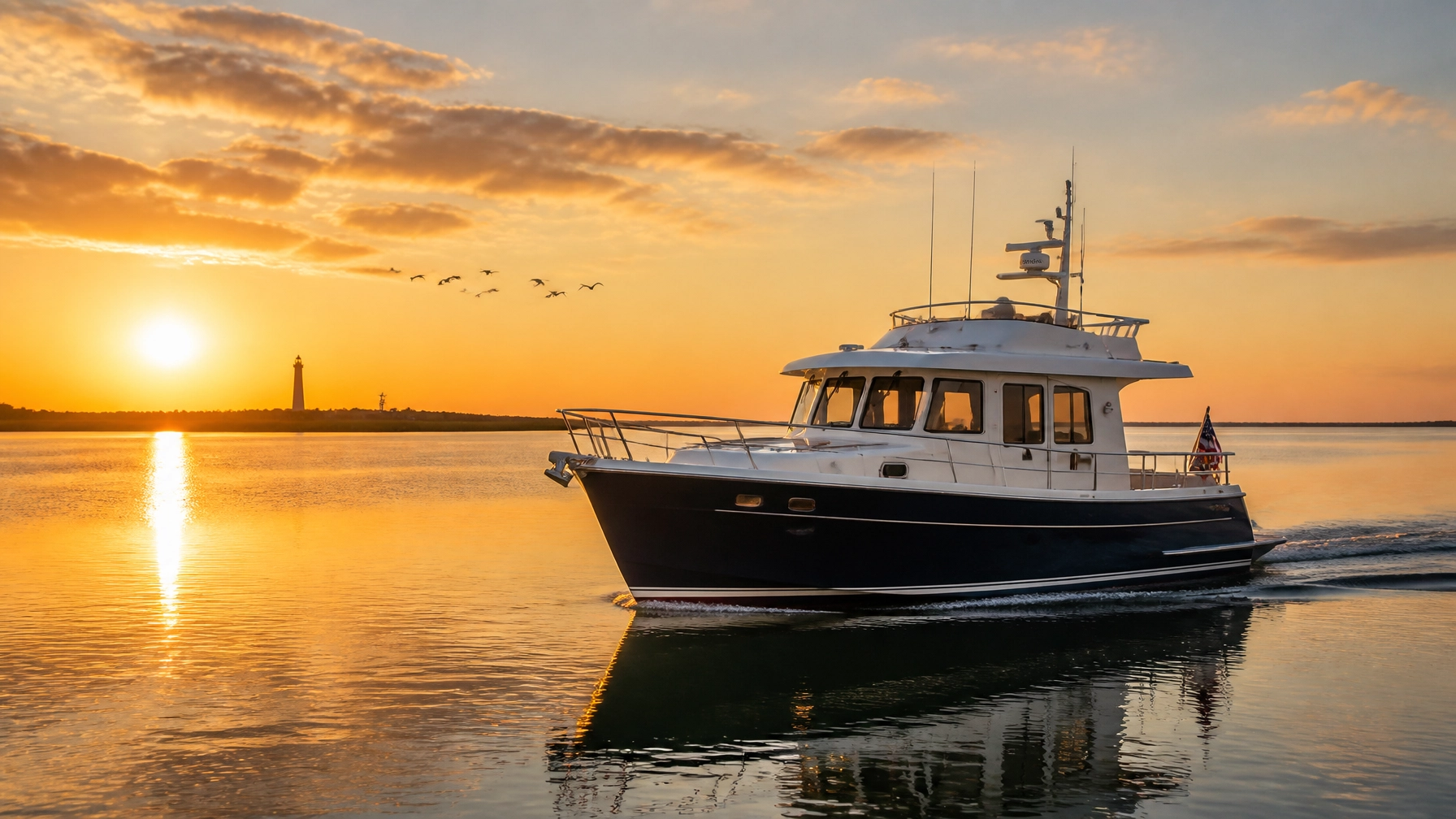 A modern trawler-style powerboat cruising slowly over glassy, calm water on Galveston Bay during a golden sunset.
