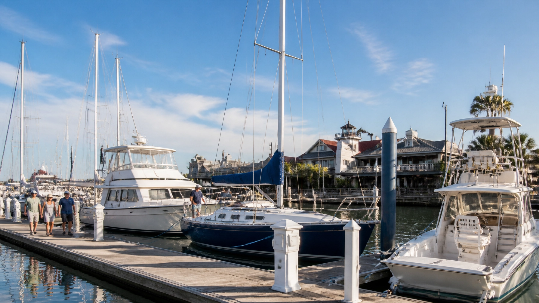 A marina dock scene with sailboats and powerboats near Kemah, Texas