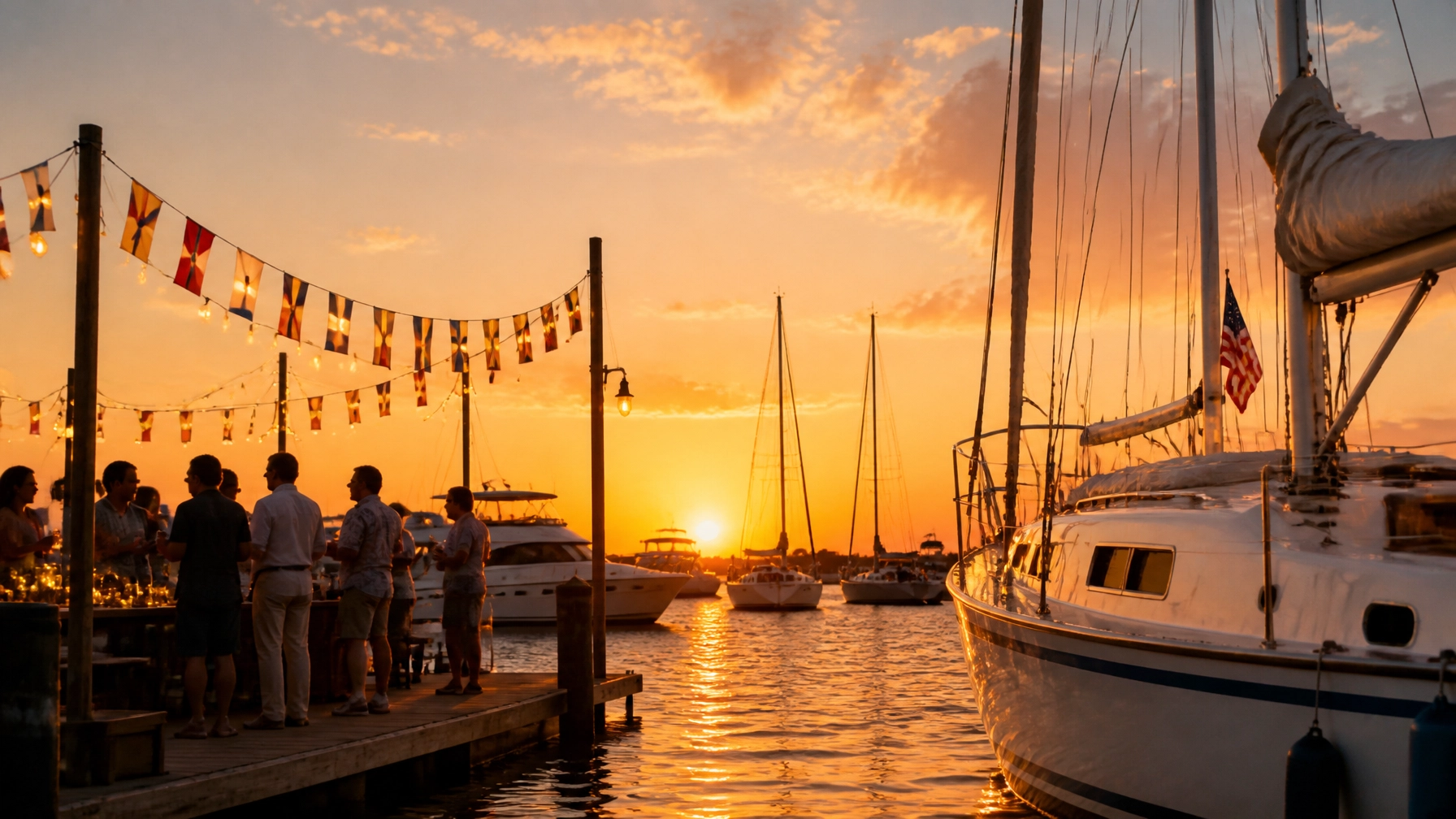 Boats gathered for a warm sunset celebration on Clear Lake near Kemah