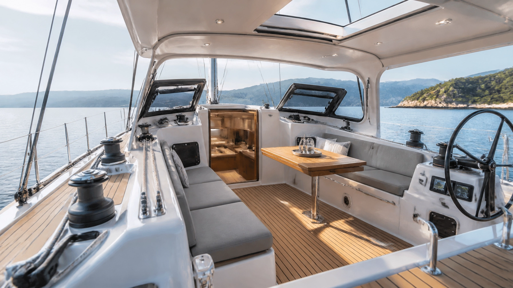 Sleek modern interior cockpit and spacious deck layout of the Jeanneau Sun Odyssey 415