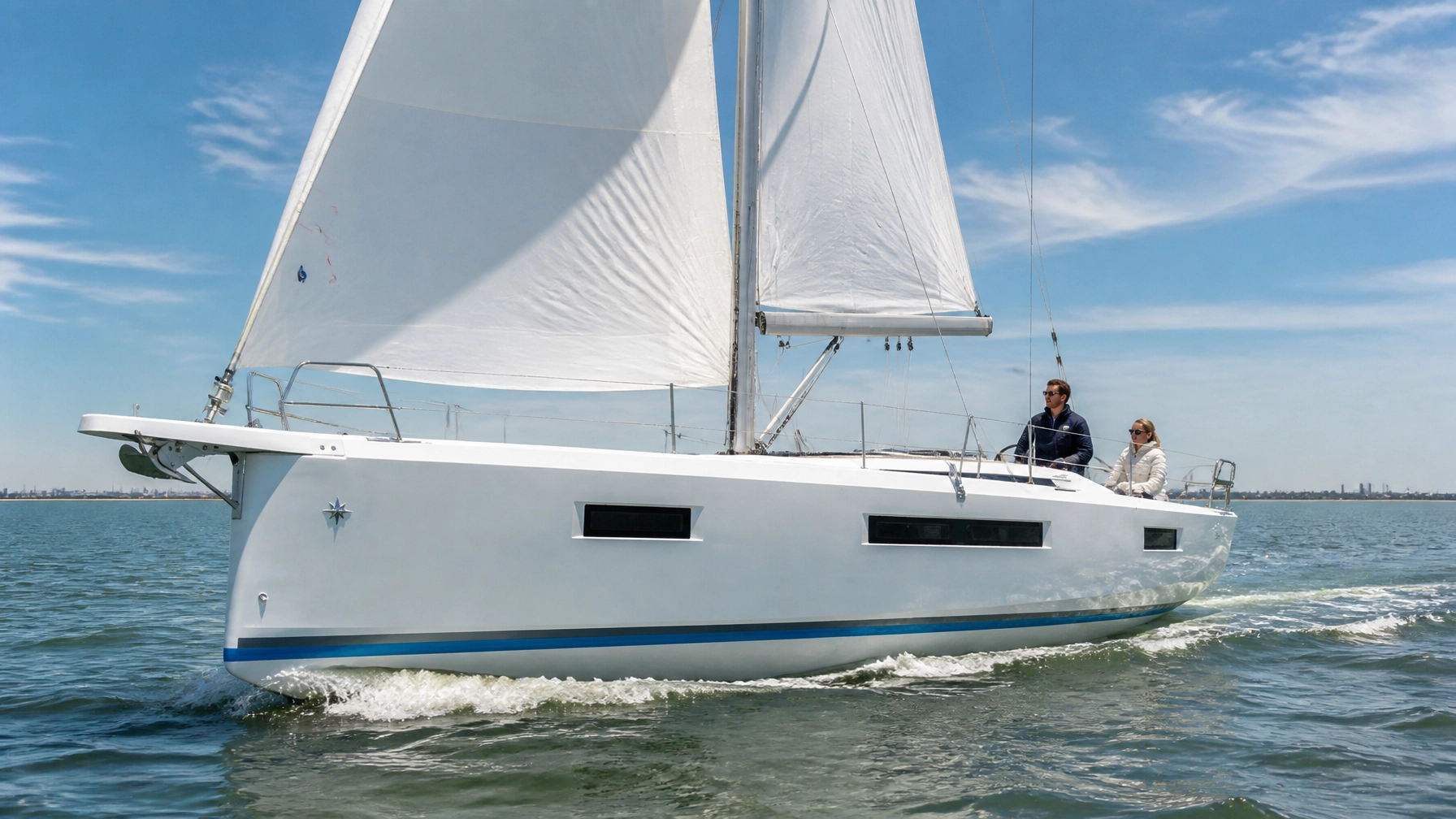 White yacht underway on calm Texas Gulf Coast water in bright early-fall sunlight