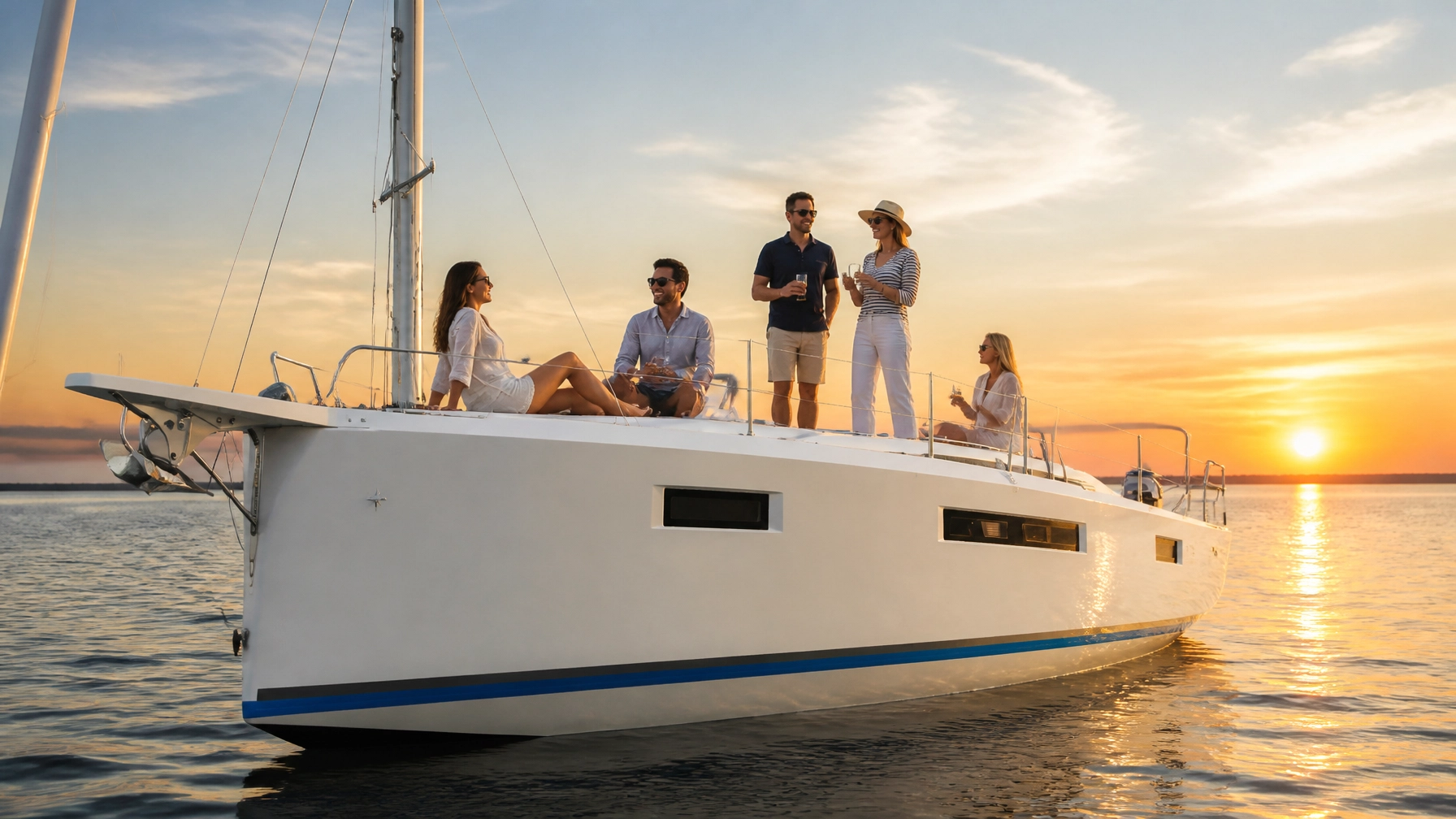 Friends and family enjoying a cruising yacht at anchor on Galveston Bay during an early-fall sunset